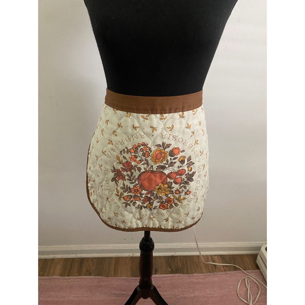 Vintage Ambrosia Quilted Half Apron Brown Cream Floral Fruit Retro‎ 70s Kitchen